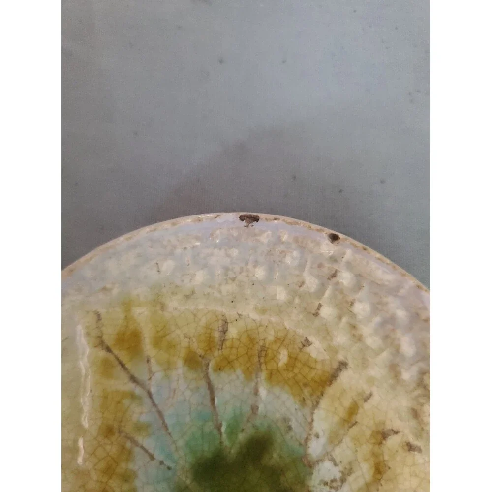 Antique Majolica Butter Pat Yellow Green White & Blue Leaf